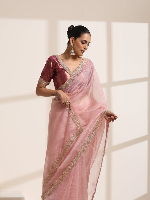 Baby Pink Crush Silk Saree with Golden Lace