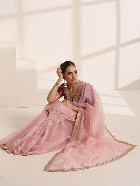 Baby Pink Crush Silk Saree with Golden Lace