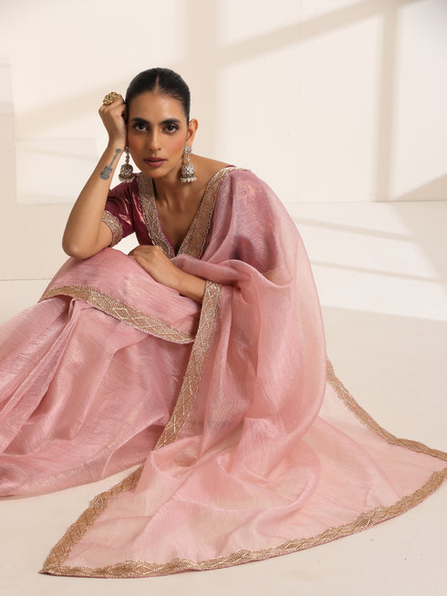 Baby Pink Crush Silk Saree with Golden Lace