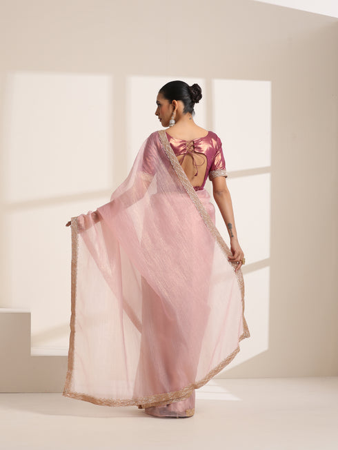 Baby Pink Crush Silk Saree with Golden Lace