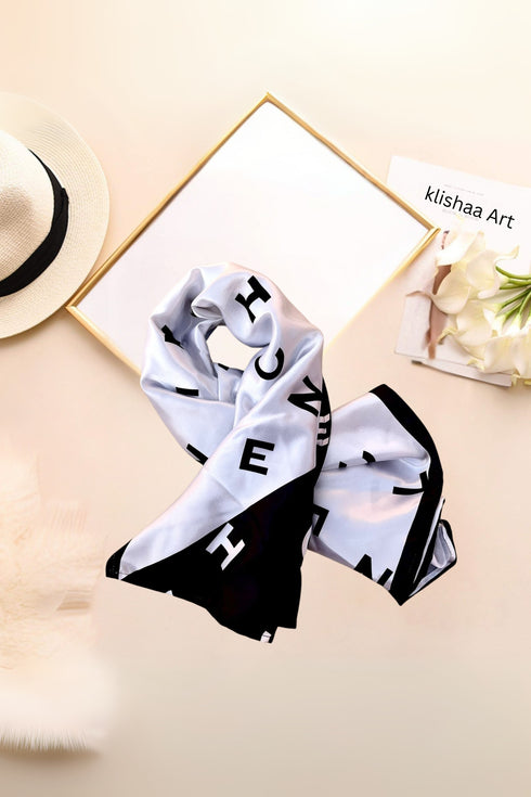 Klishaaart Made Abcd Print silk Black & White colour digital scarf