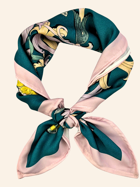 Baroque Scroll Print Scarf – Teal & Pastel Pink Satin Square Wrap for Women