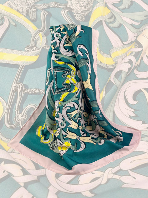 Baroque Scroll Print Scarf – Teal & Pastel Pink Satin Square Wrap for Women