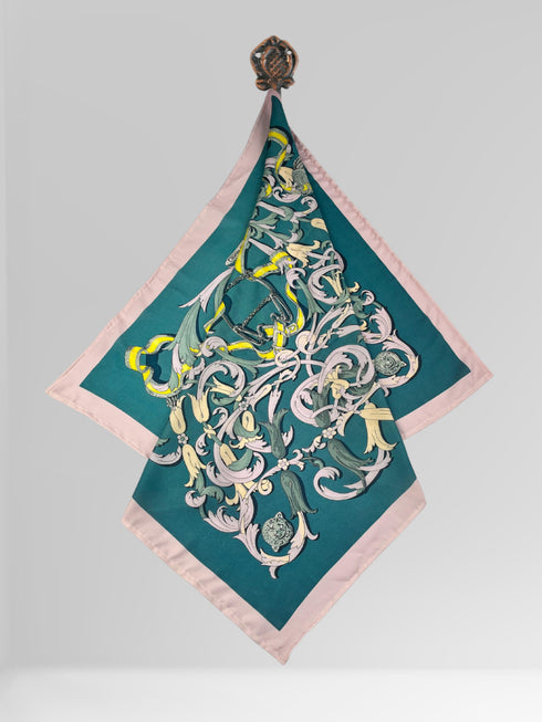 Baroque Scroll Print Scarf – Teal & Pastel Pink Satin Square Wrap for Women