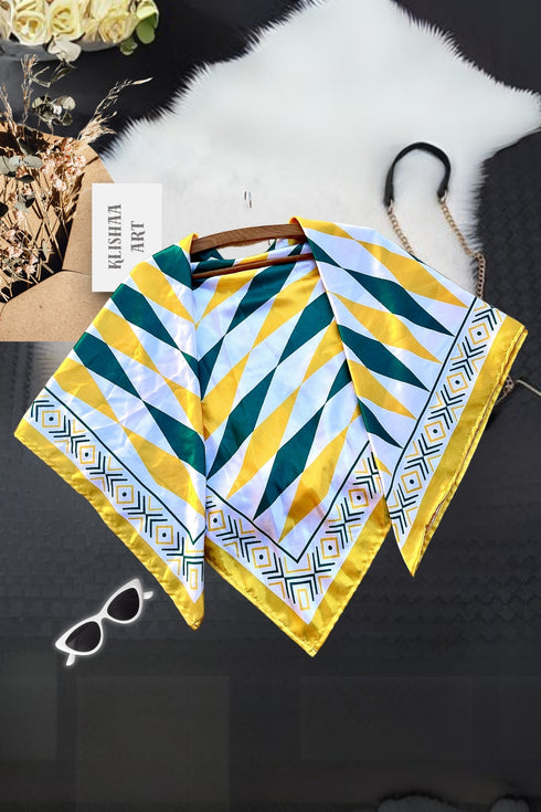 Women's Stylish Square Silk Digital Printed Fashion Head Neck Scarf Stole Green/Yellow