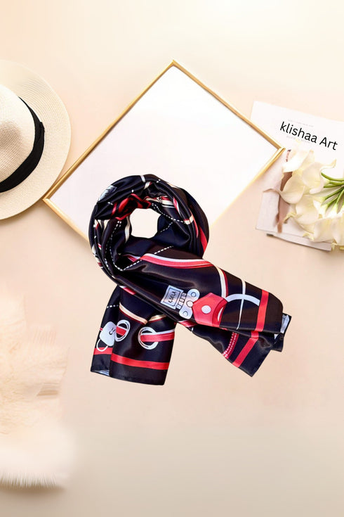 Klishaaart Black Printed Silk Women Fancy Scarf
