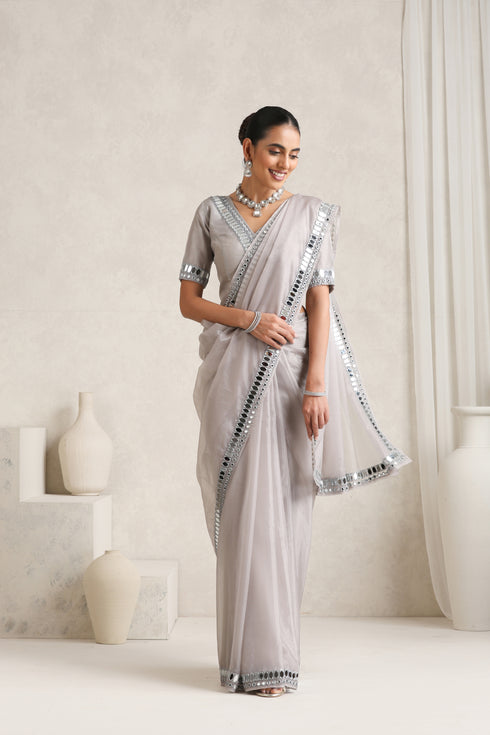 Klishaaart Dove Grey Mirror Work Saree with work Silk Blouse