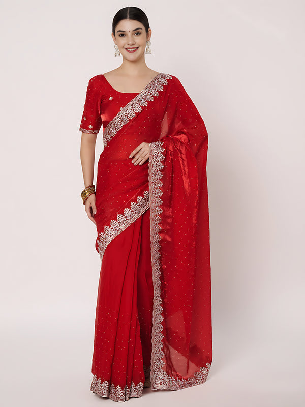 Red Georgette Saree with Heavy Embroidered Border