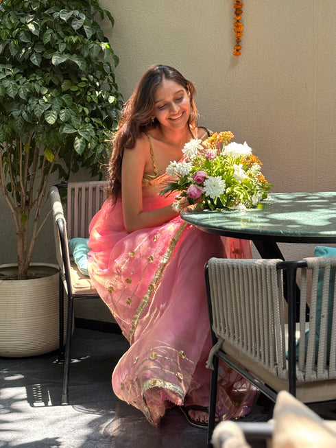 Pink Glass Tissue Organza Gotta Patti Saree